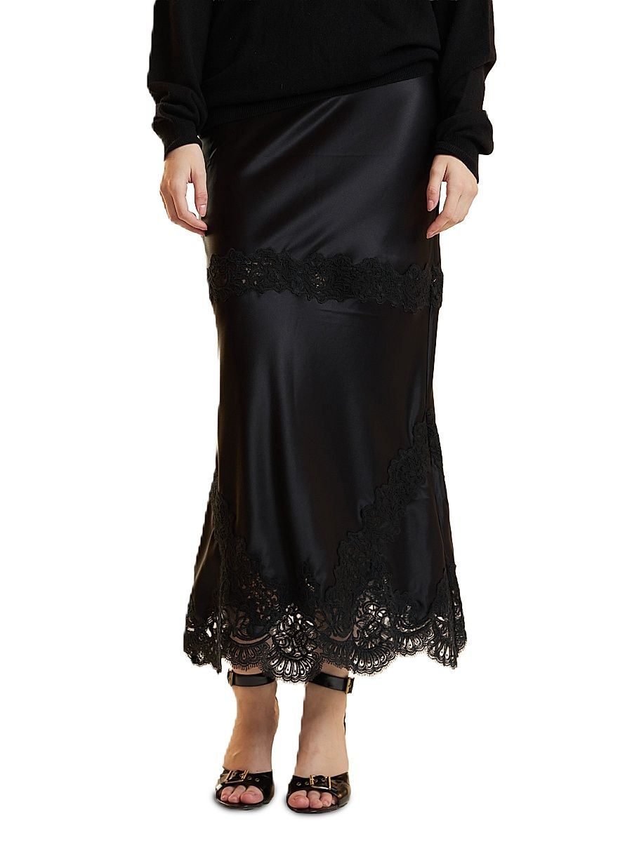 Women's Satin Lace-Trim Midi-Skirt - Black - Size Large