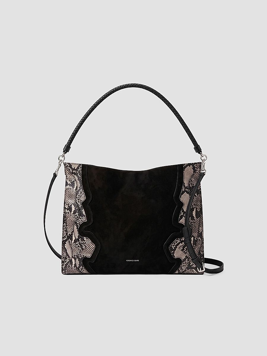 Women's Vida Snakeskin-Embossed Suede Shoulder Bag - Black