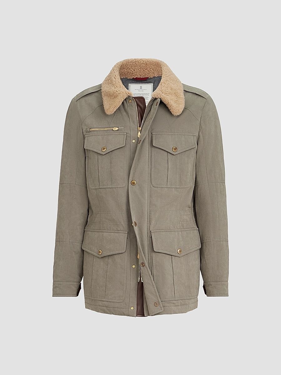 Men's Waxed Techno Cotton Safari Jacket with Nappa Leather Inserts and Shearling Collar - Medium Grey - Size 44