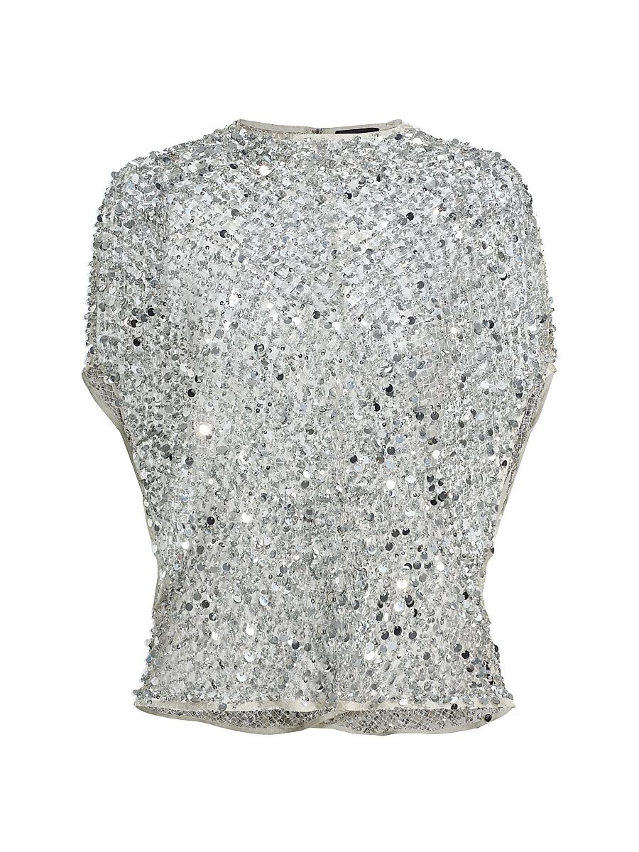 Women's Net Mesh Sequin Cape T-Shirt - Silver - Size Large