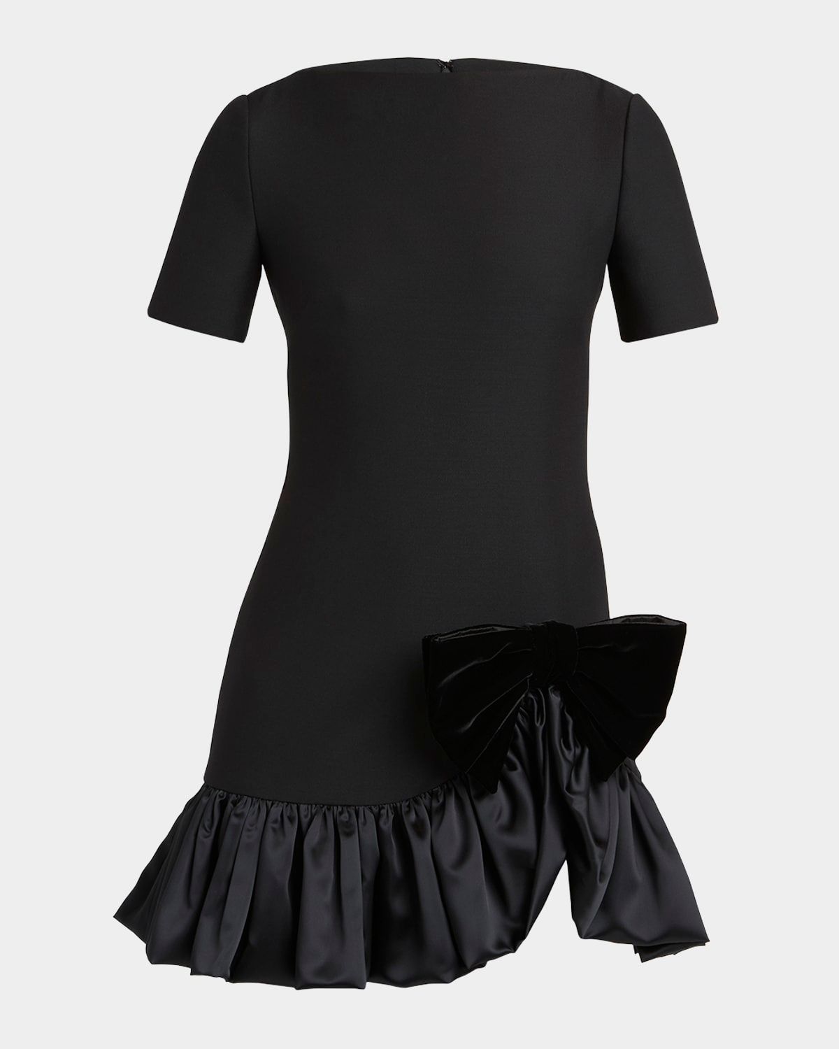 Velvet Bow Ruffle Short-Sleeve Mini Dress