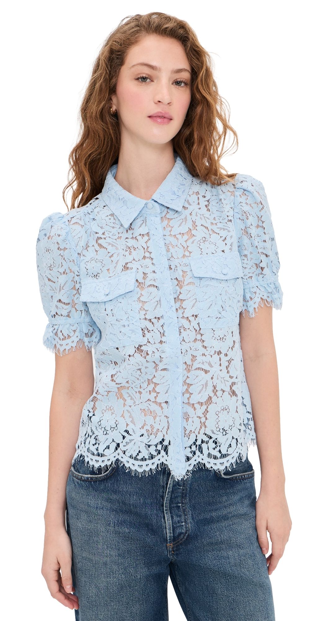 Generation Love Mina Lace Button Down Shirt Light Blue XXL