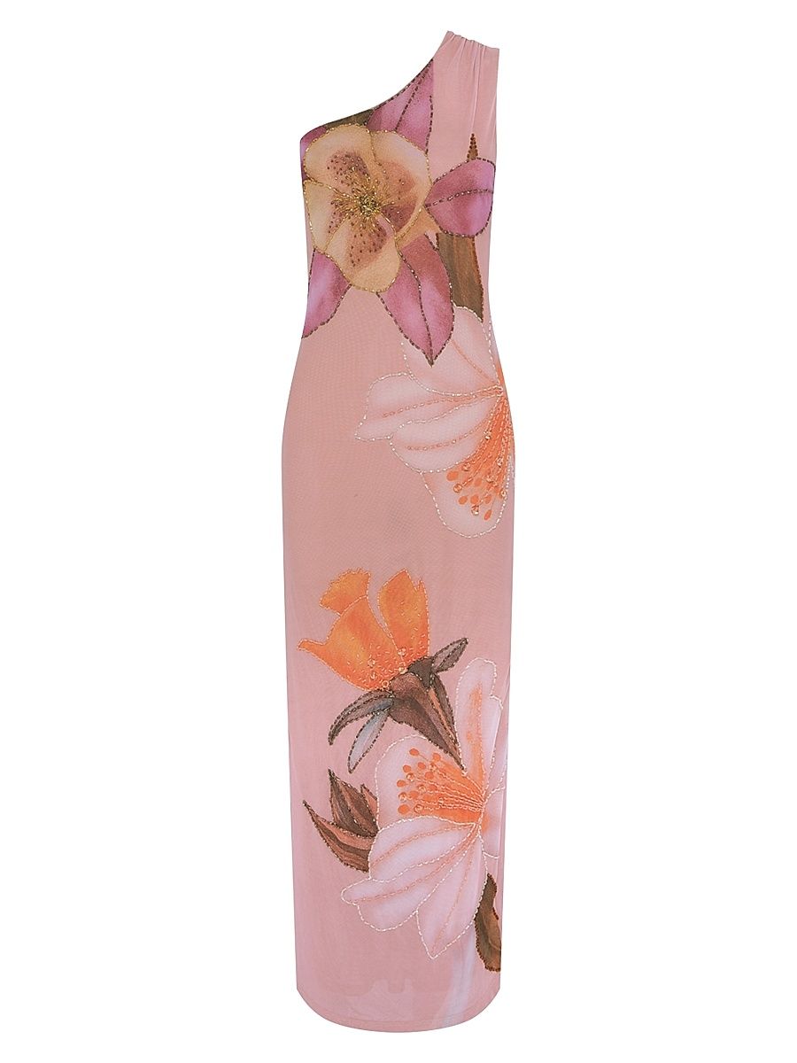 Women's Peony Floral One-Shoulder Maxi-Dress - Pink - Size 4