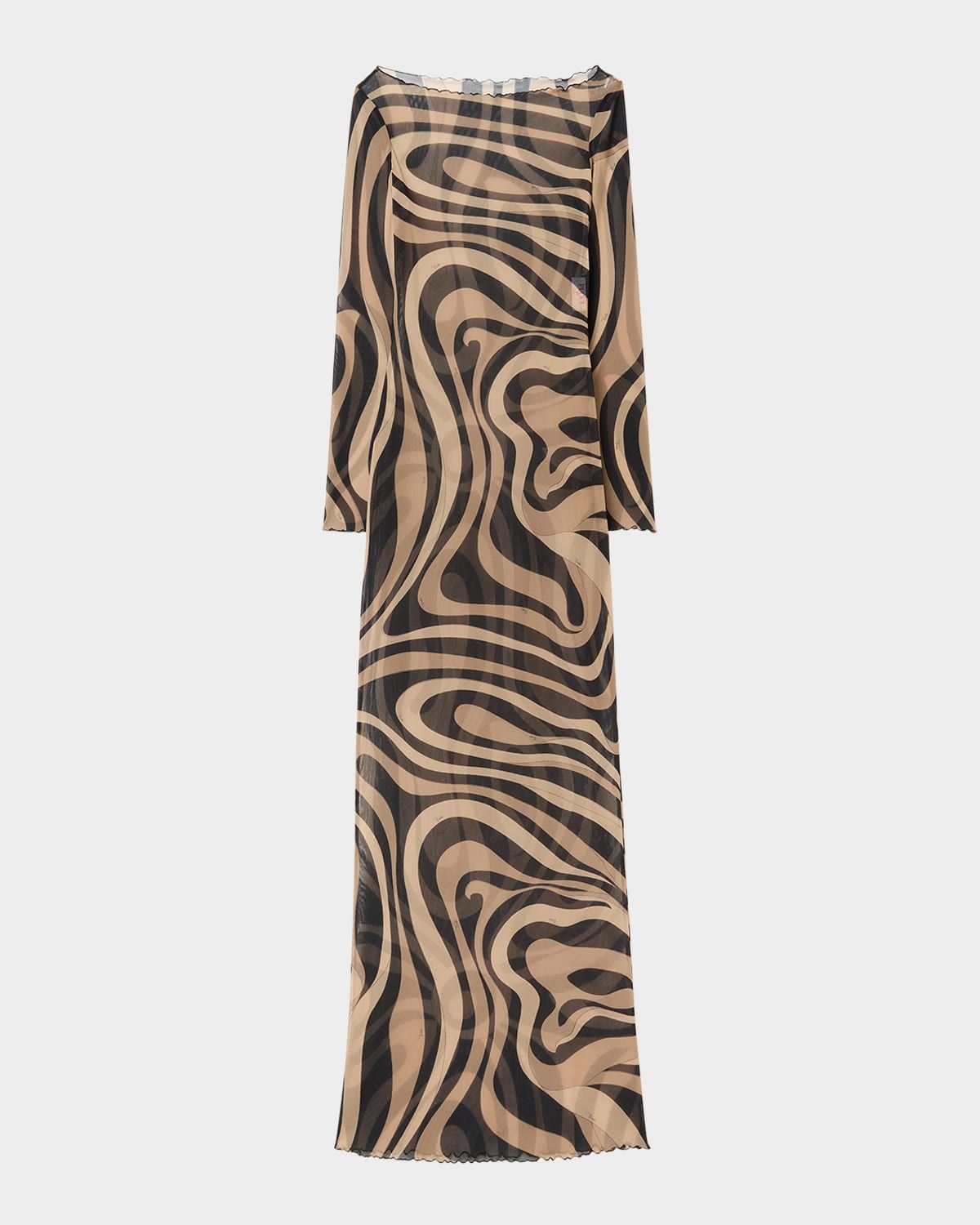 Marmo-Print Sheer Mesh Long-Sleeve Maxi Dress