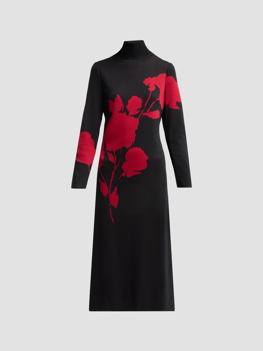 Misook Women's Floral-Jacquard Knit Midi Dress - Scarlet Red Black - Size XXL