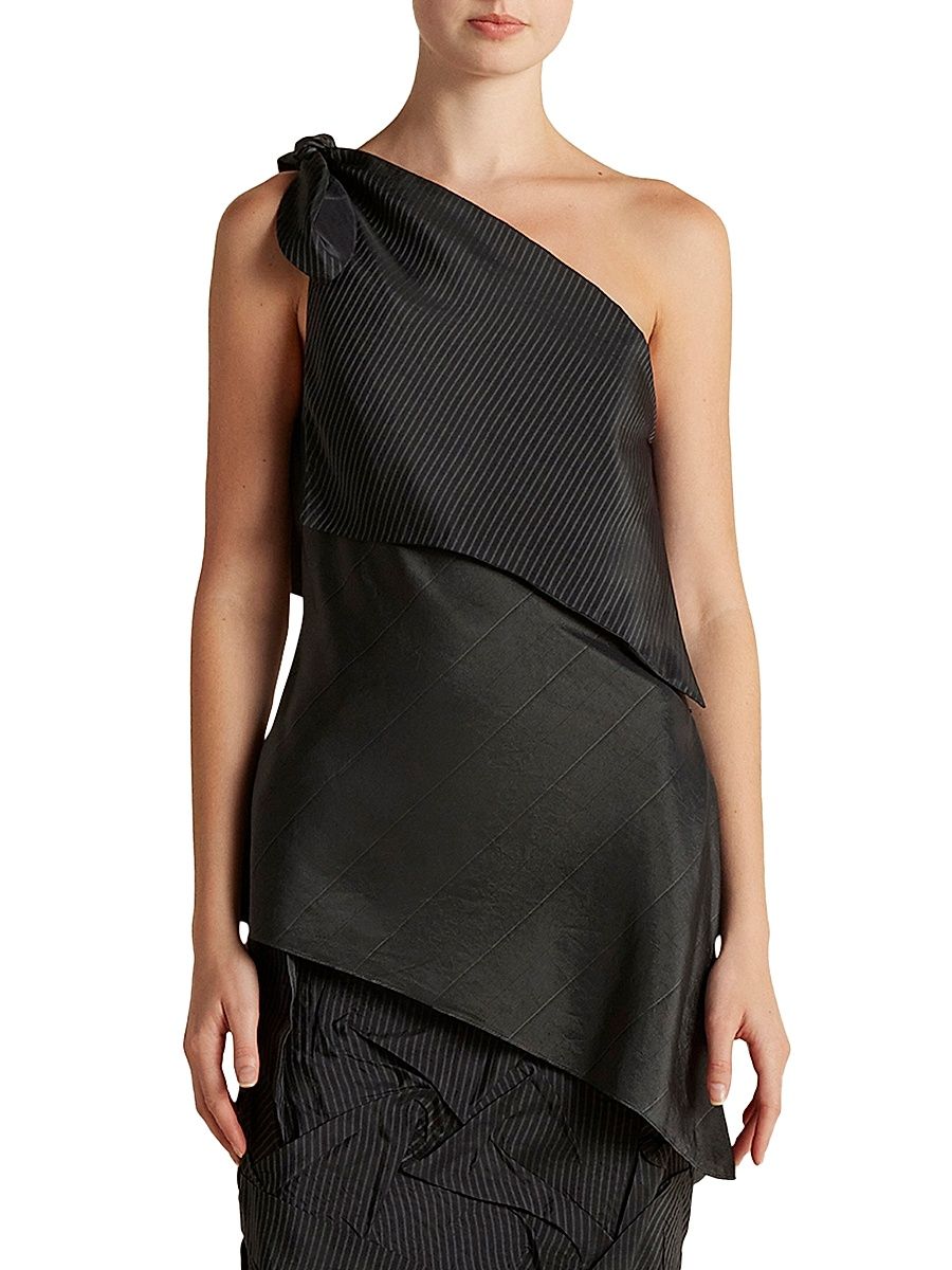 Women's Pinstripe Triangle Draped Top - Black Pinstripe - Size 8