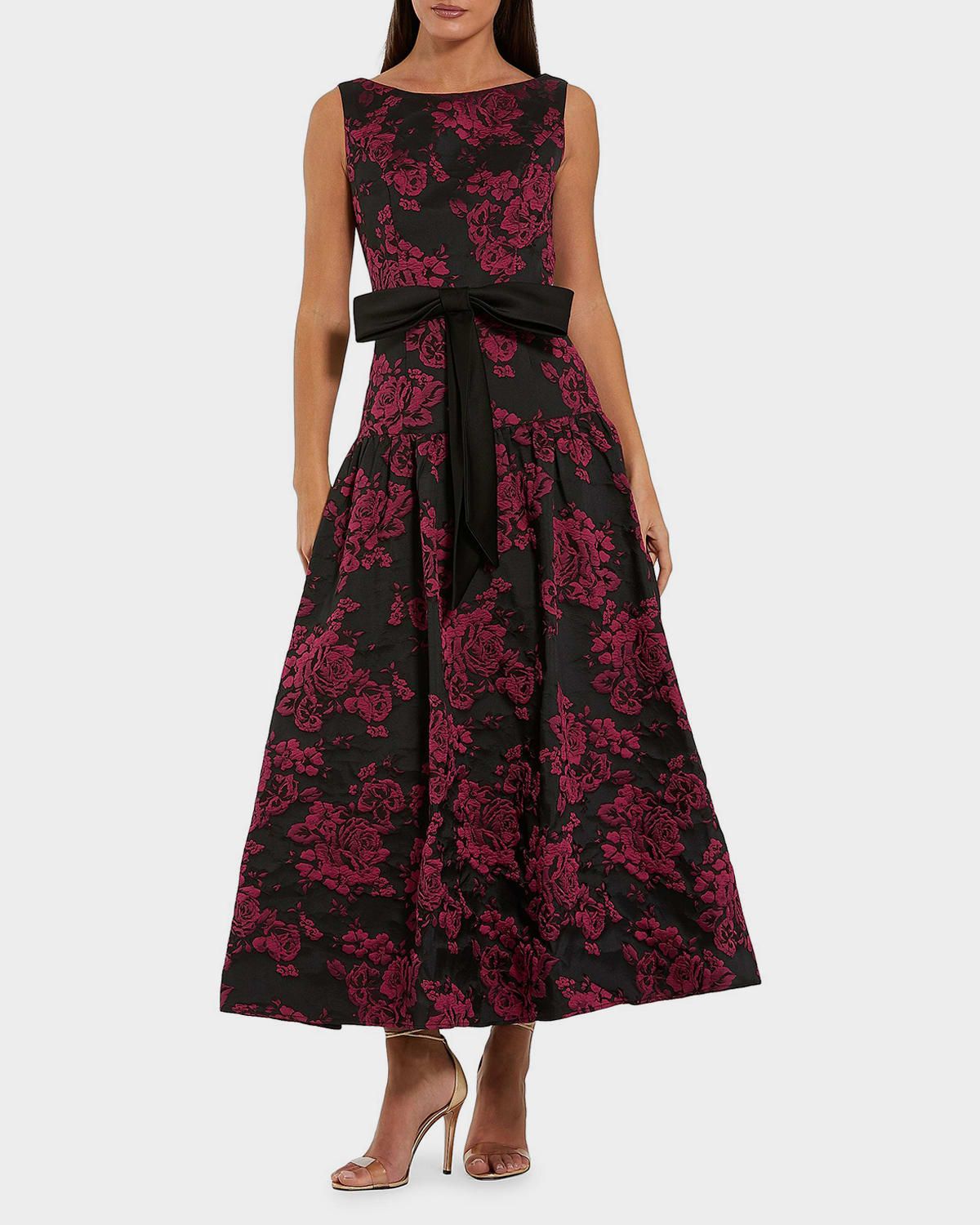 Satin Bow-Waist Floral Brocade Midi Dress