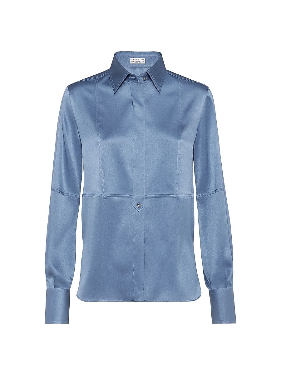 Women's Stretch Silk Satin Shirt - Oxford Blue - Size Small