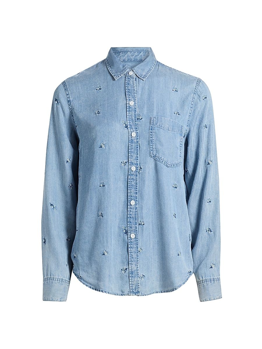 Women's Ingrid Floral-Embroidered Shirt - Blue Blossoms - Size XL