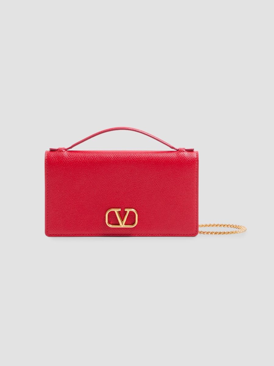 Valentino Women's VLogo Signature Grainy Calfskin Wallet with Chain - Rouge Pur