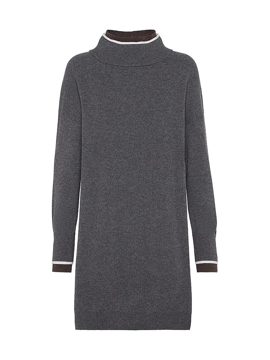 Women's Virgin Wool Cashmere and Silk English Rib Dress with Shiny Contrast Trims - Lead - Size XL