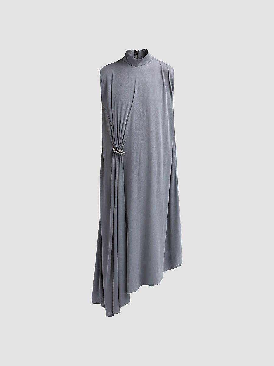 Women's Jersey Crêpe Brooch Asymmetric Midi Dress - Harbor Grey - Size 10
