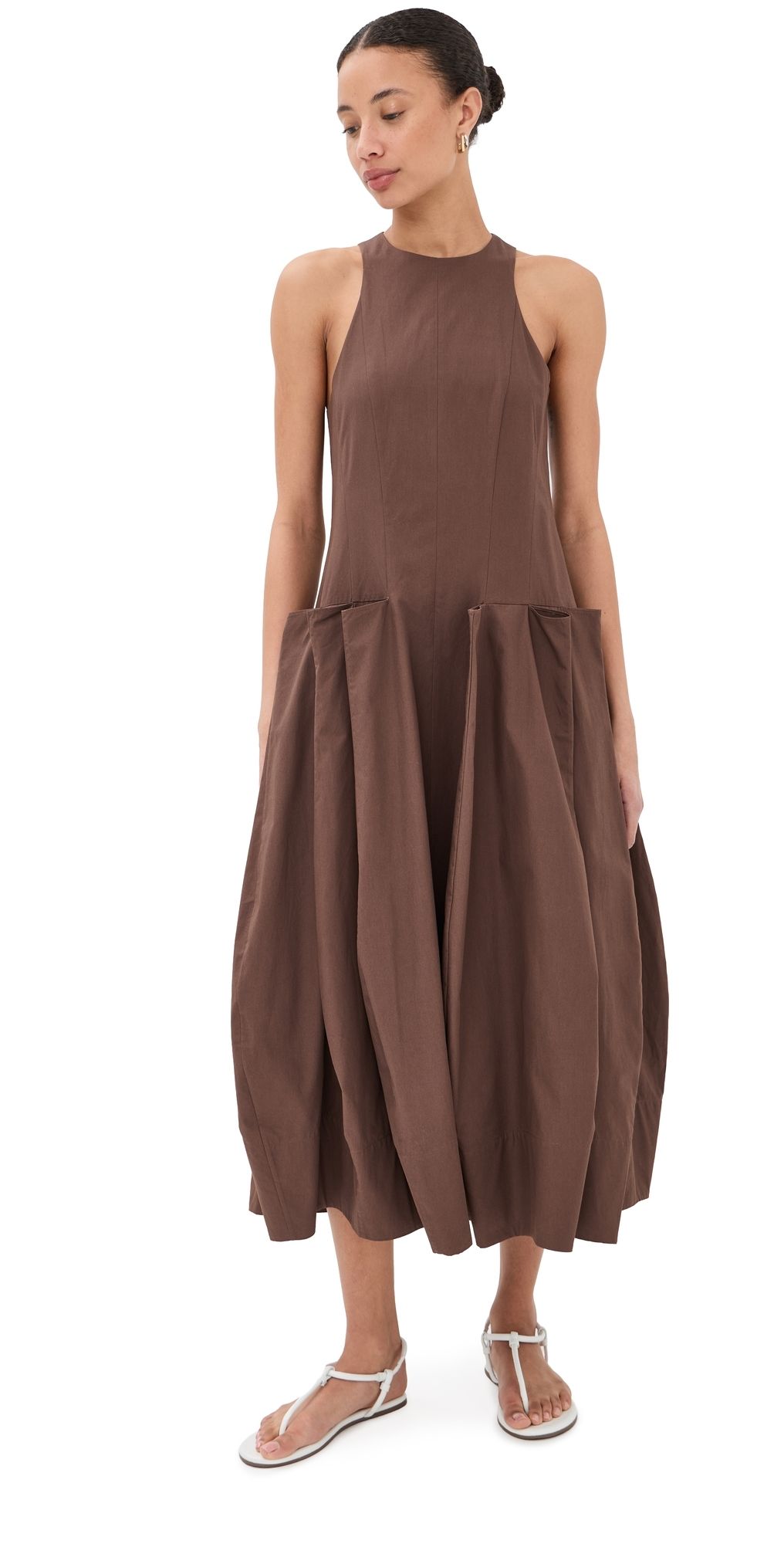 Tibi Compact Poplin Pinched Pleat Dress Sepia Brown 2