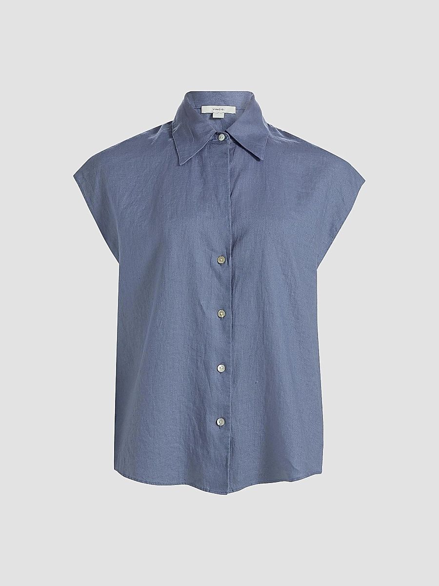 Vince Women's Linen Cap-Sleeve Blouse - Azul - Size Small