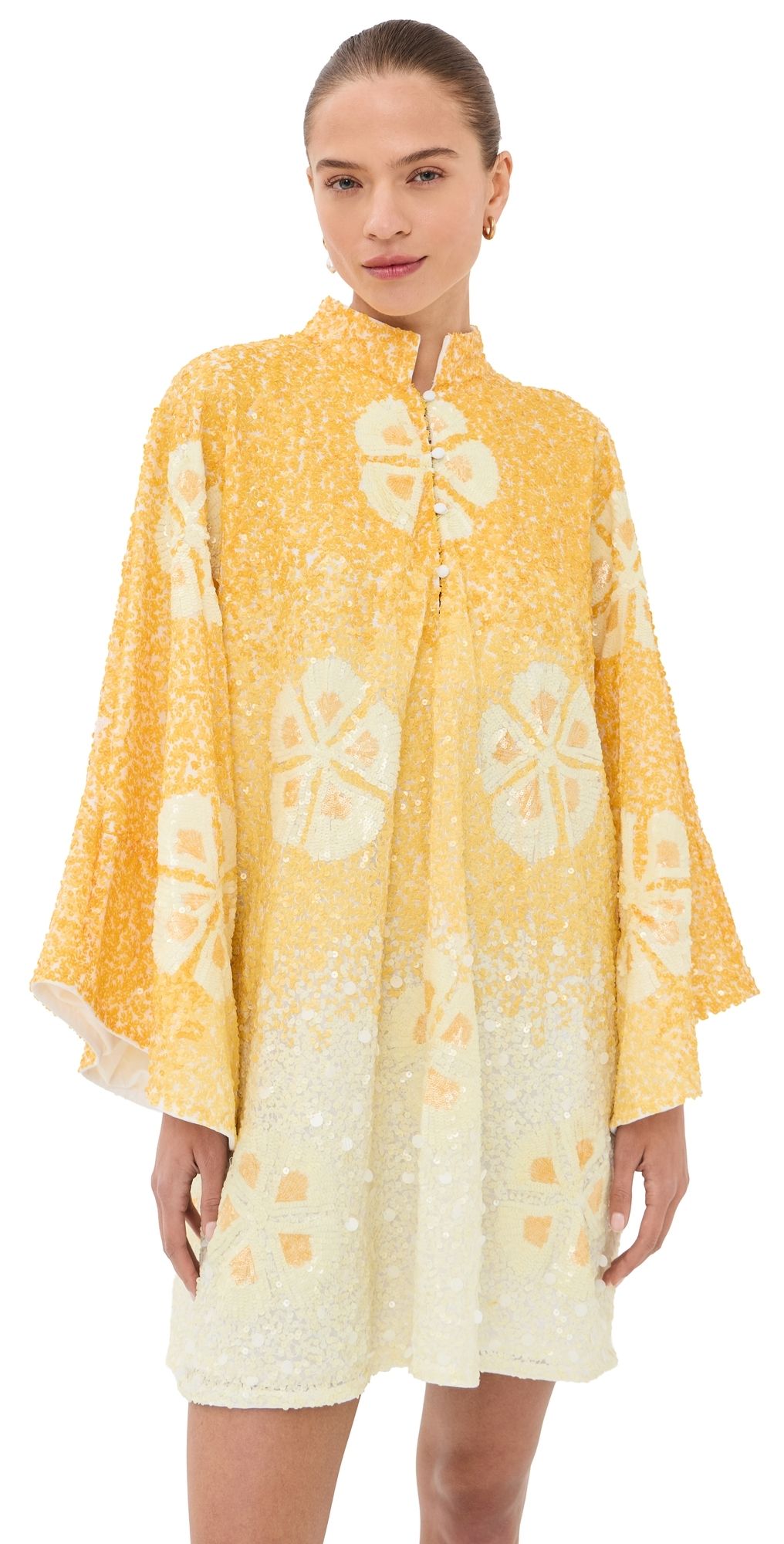 La Vie Style House Sequin Hawaiian Flower Mini Caftan Yellow & White One Size