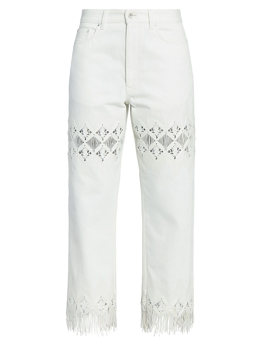 Women's Embroidered Fringed Straight-Leg Jeans - Off White Denim - Size 25
