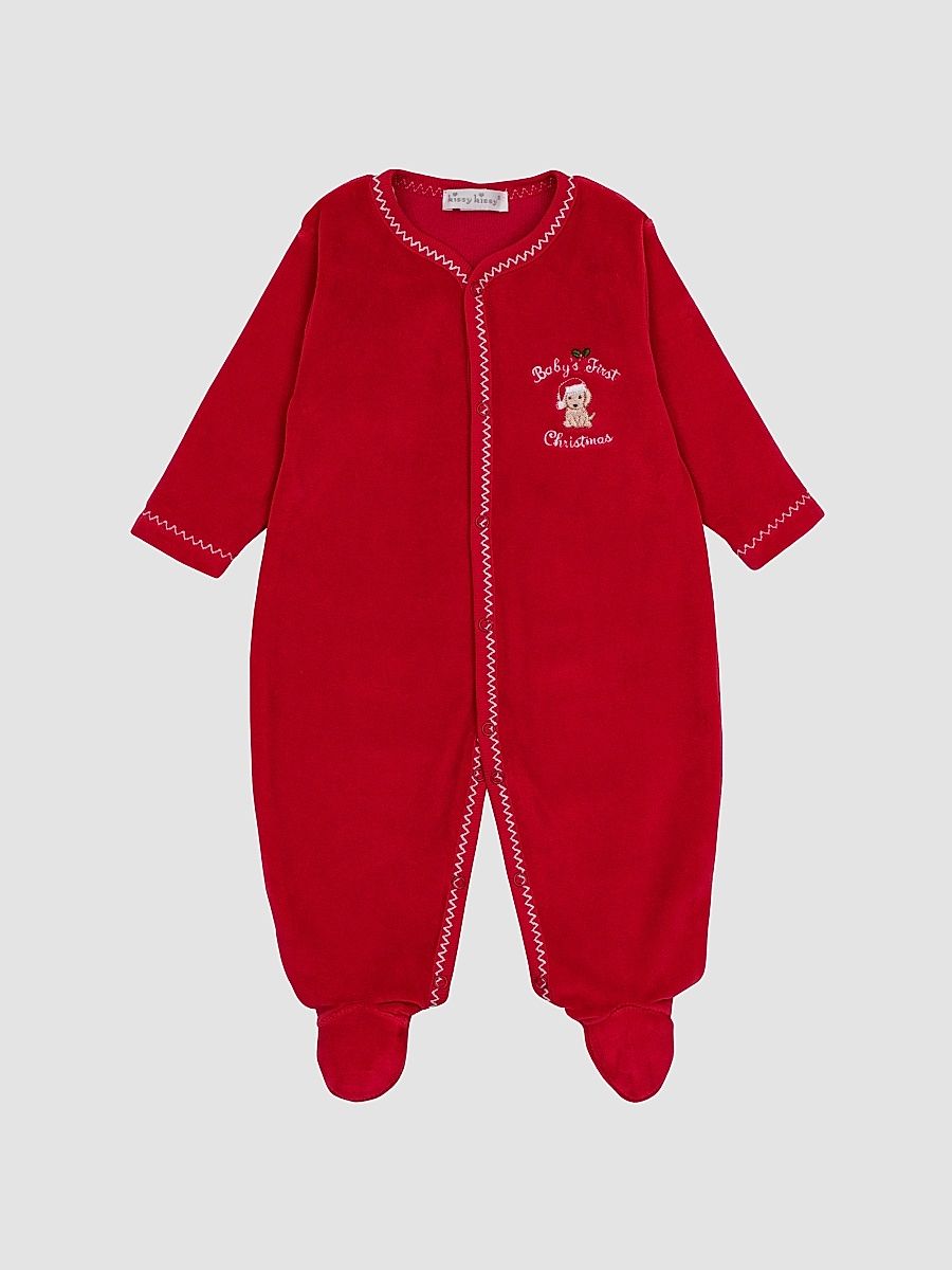 Baby's First Christmas Embroidered Pima Cotton Footie - Red - Size Newborn