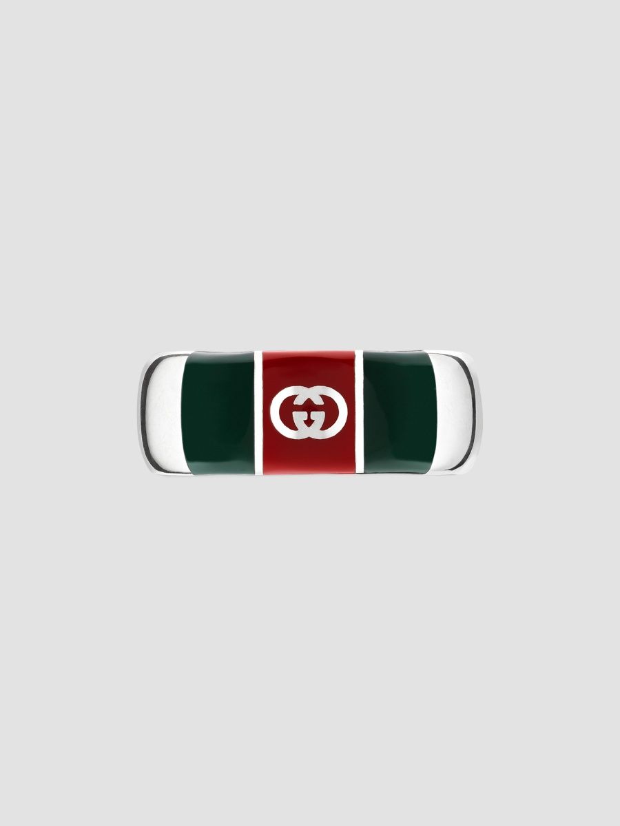 Gucci Men's Web Sterling Silver & Enamel Wide Ring - Silver Green Enamel - Size 8