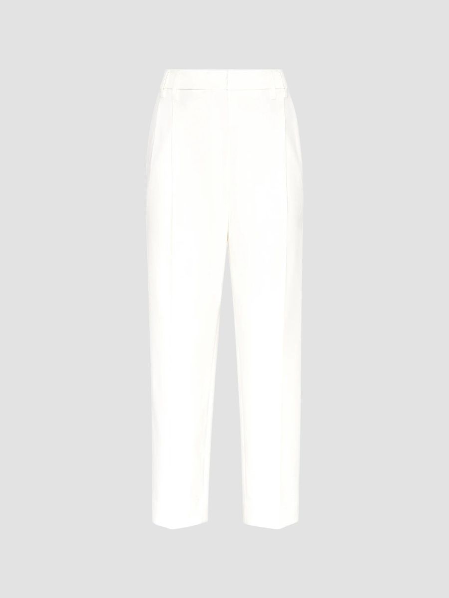 Brunello Cucinelli Women's Stretch Cotton Cover Slouchy Trousers with Monili - Off White - Size 14