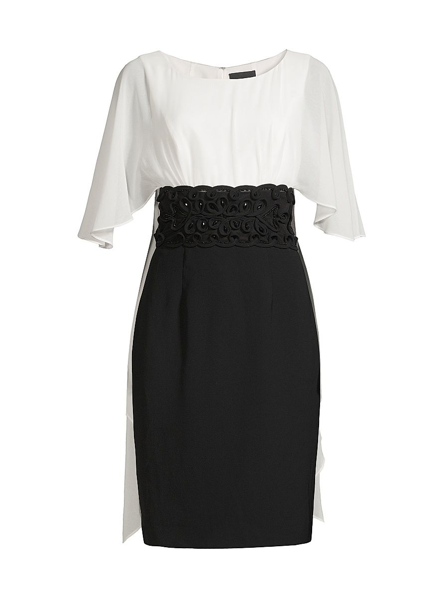 Women's Embellished Chiffon & Crepe Knee-Length Dress - Black Ivory - Size 16