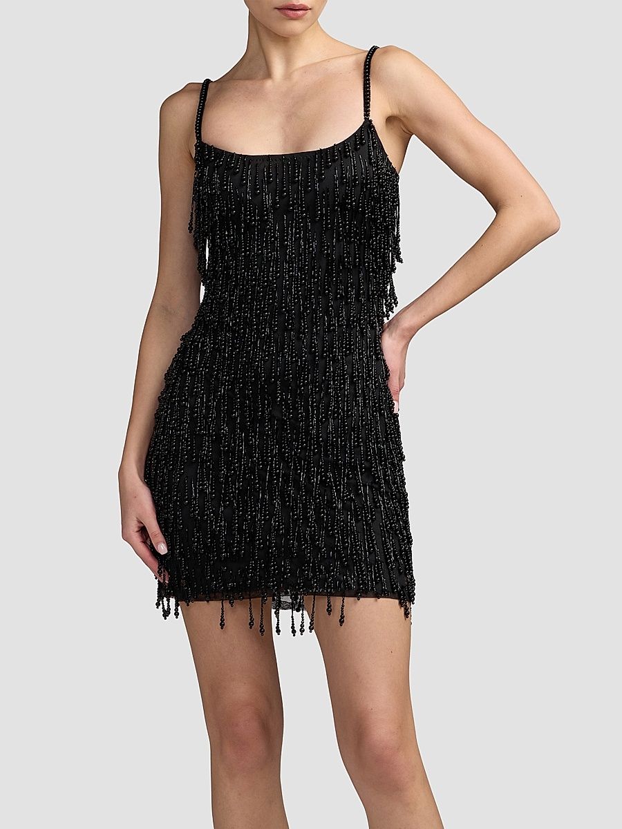 Women's Beaded Fringe Mesh Mini Dress - Black - Size 2