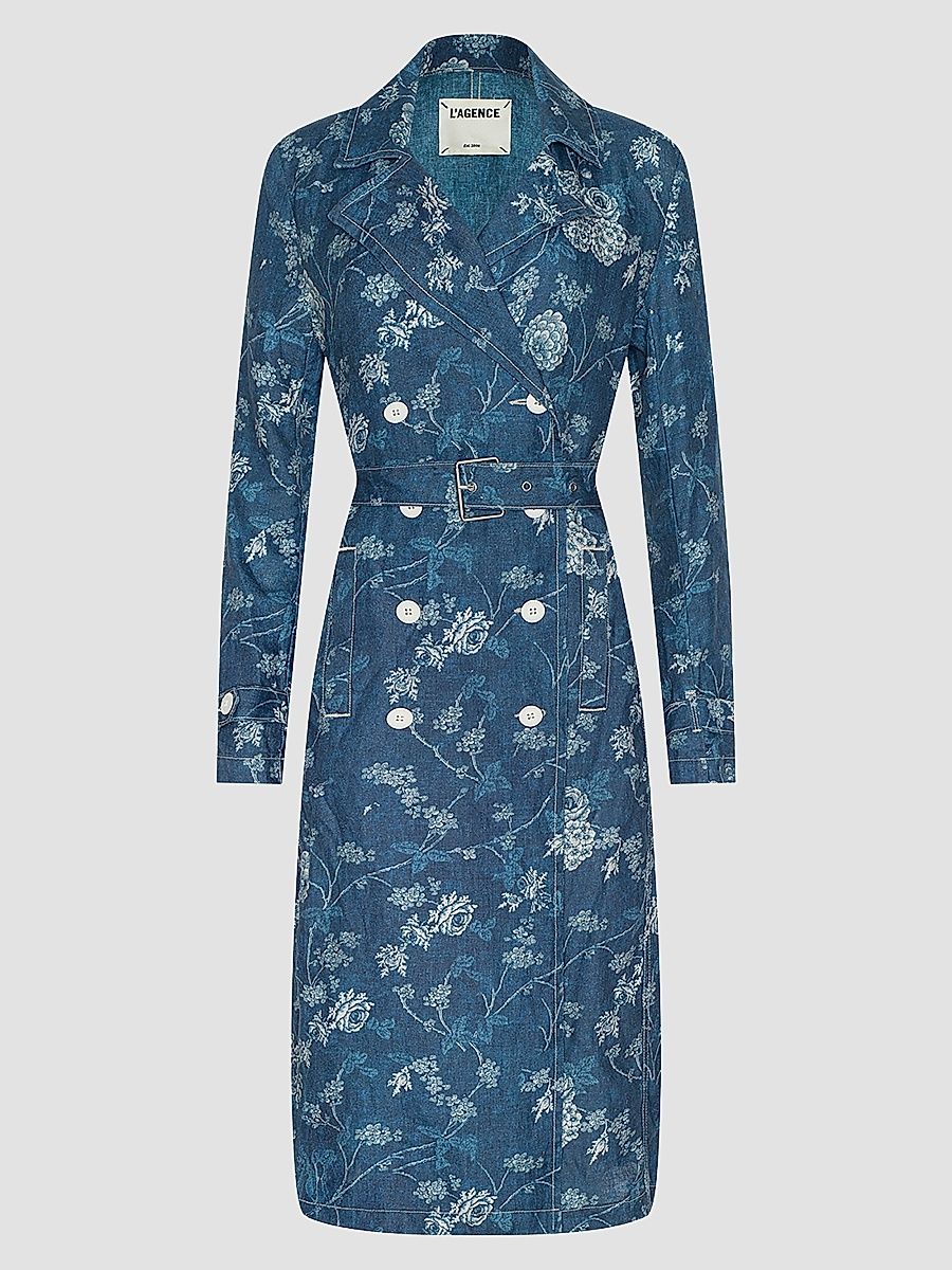 Women's Bradley Floral Linen Trench Coat - Navy Floral Print - Size XXS