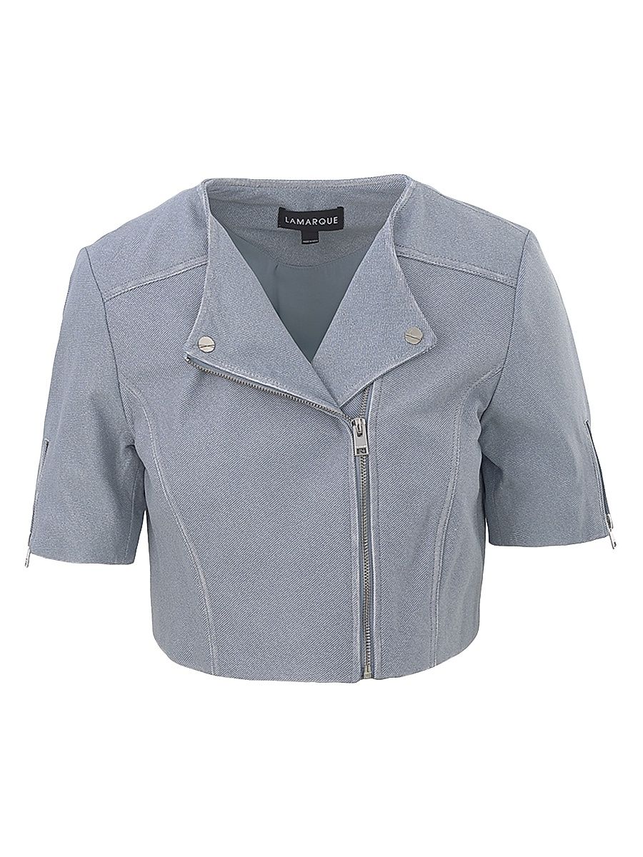 Women's Kirsi Leather Crop Biker Jacket - Light Blue - Size Large