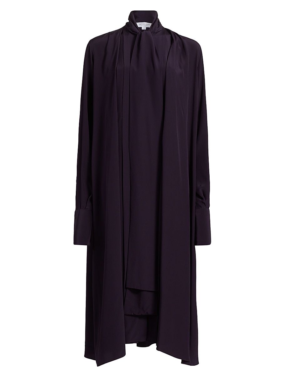 Women's Silk Draped Tieneck Midi-Shirtdress - Aubergine - Size Medium