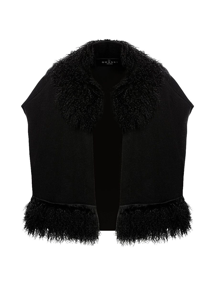 Women's Knit Vest with Mongolian Shearling Lamb Trim - Black