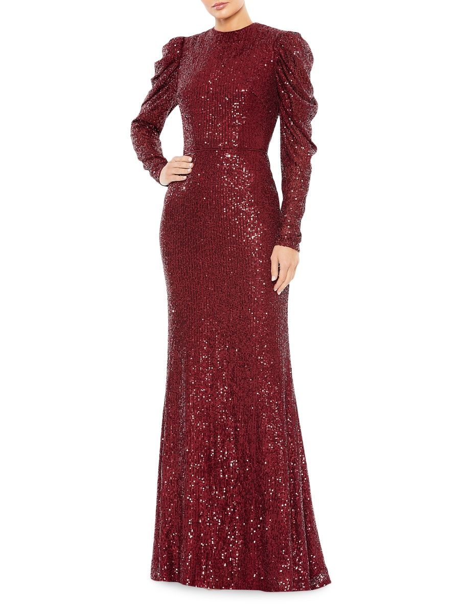 Mac Duggal Women's Sequined Puff-Sleeve Sheath Gown - Wine - Size 2