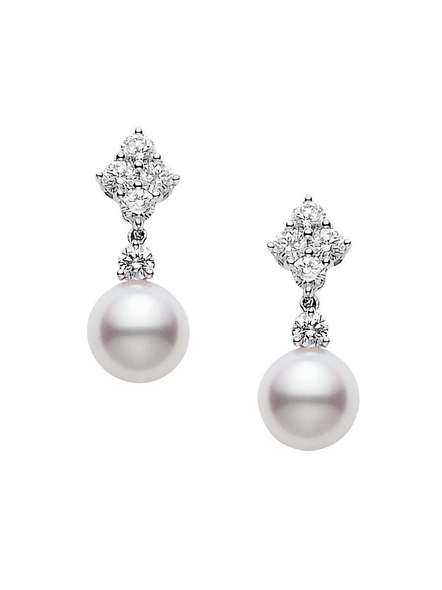 Women's 7.5MM White Cultured Akoya Pearl, Diamond & 18K White Gold Drop Earrings - Pearl