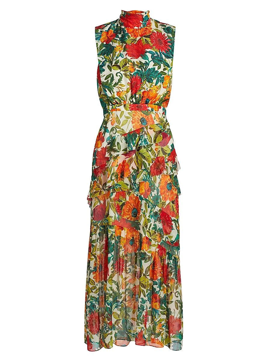 Women's Fleur Floral Silk Sleeveless Midi Dress - Mandevilla Foliage - Size 12