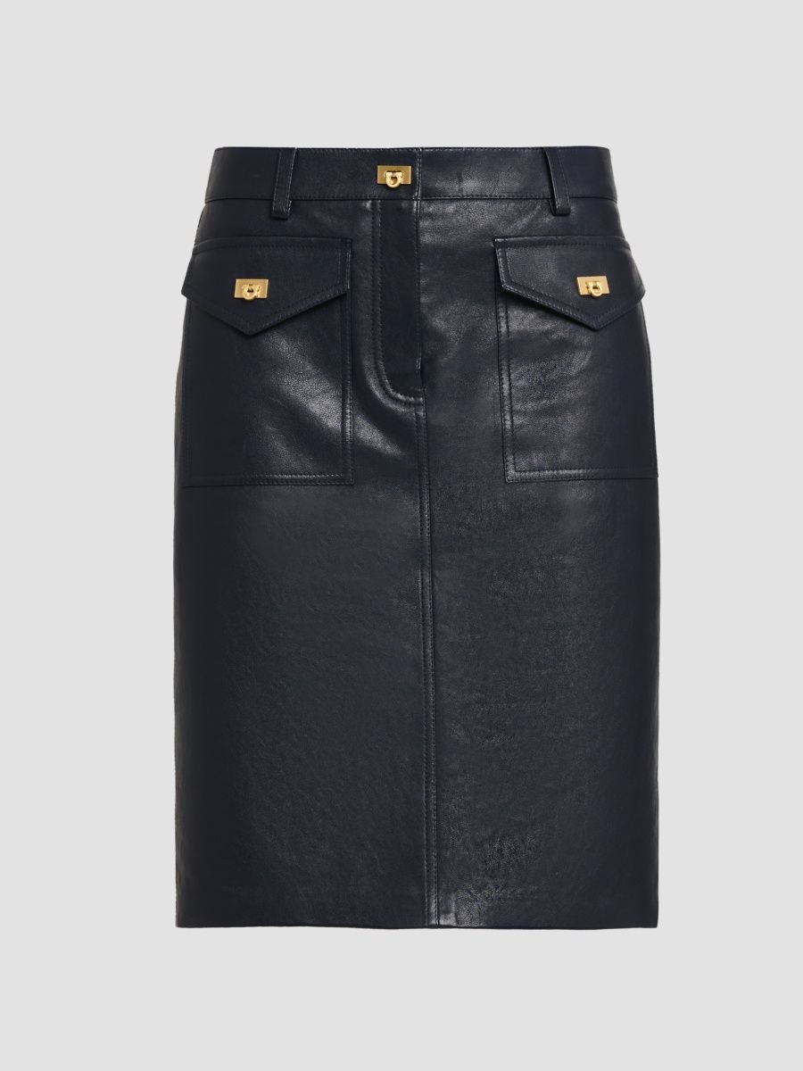FERRAGAMO Women's Leather Naurical Knee Skirt - Navy - Size 4