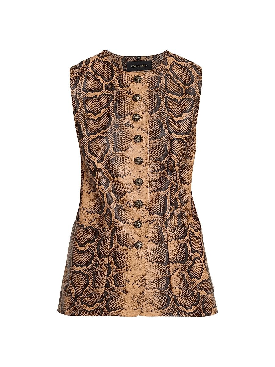 Women's Abi Snakeskin-Printed Leather Vest - Tannin Multi - Size XL