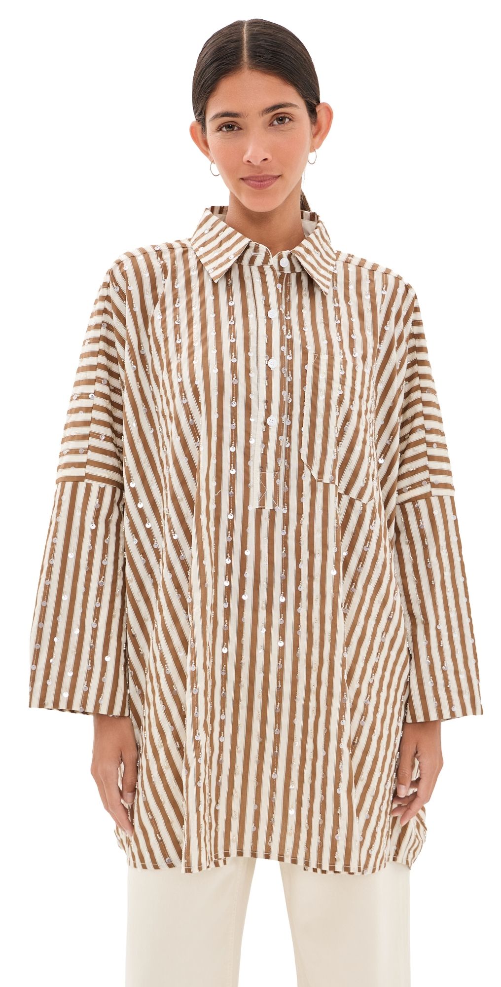 La Vie Style House Boyfriend Button Down Shirt Brown/White One Size