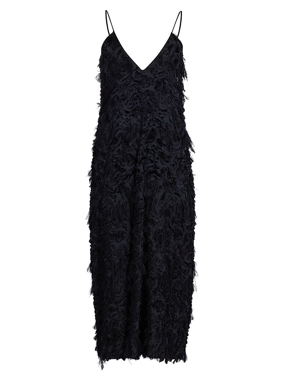 Women's Fringed V-Neck Midi-Slipdress - Navy - Size Medium