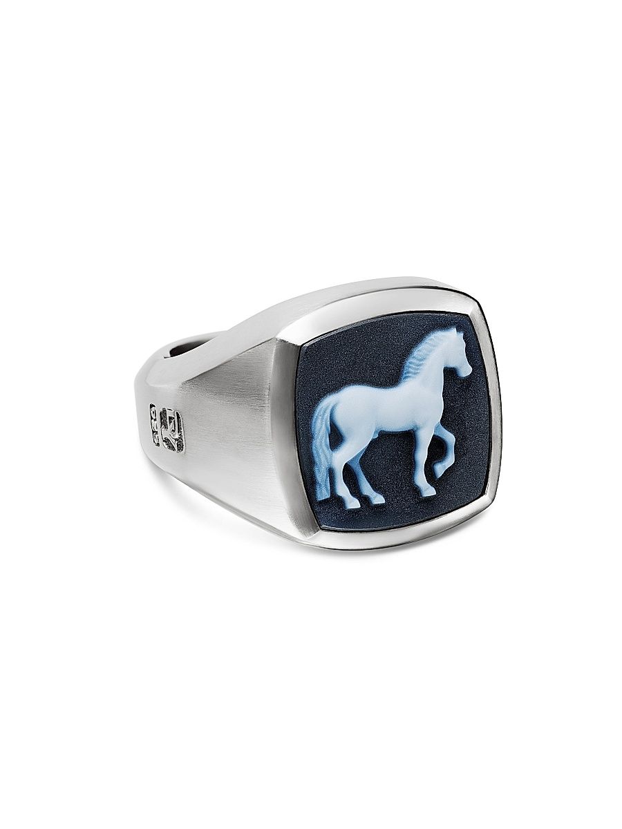 Men's Petrvs Horse Signet Ring in Sterling Silver - Banded Agate - Size 10