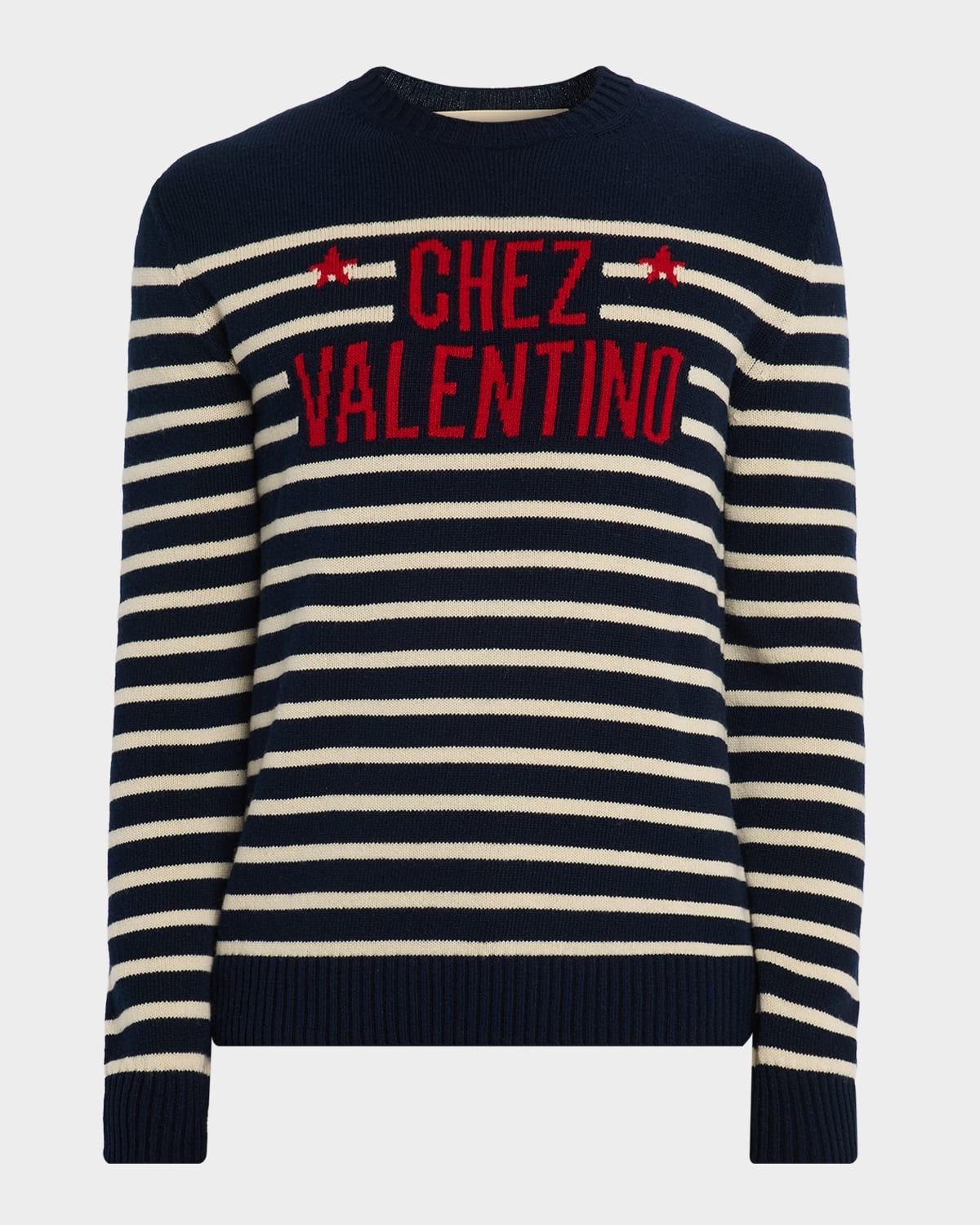 Men & apos;s Chez Valentino Wool Stripe Logo-Jacquard Crewneck Sweater