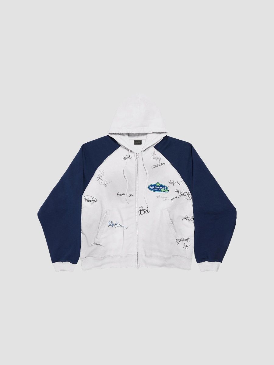 Balenciaga Men's Banana Raglan Oversized Zip-Up Hoodie - Dirty White Blue - Size Small