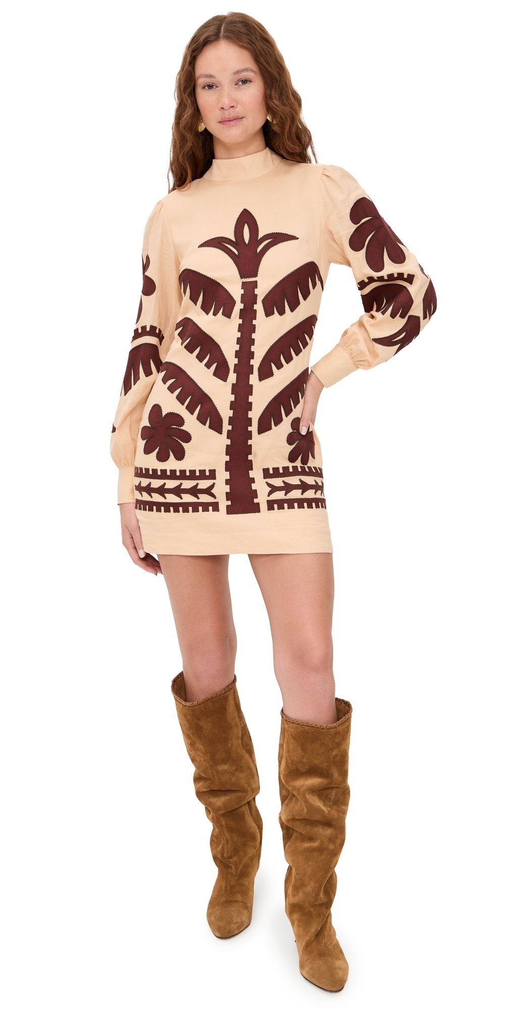 Dress To Foliage Embroidery Linen Dress Beige XL