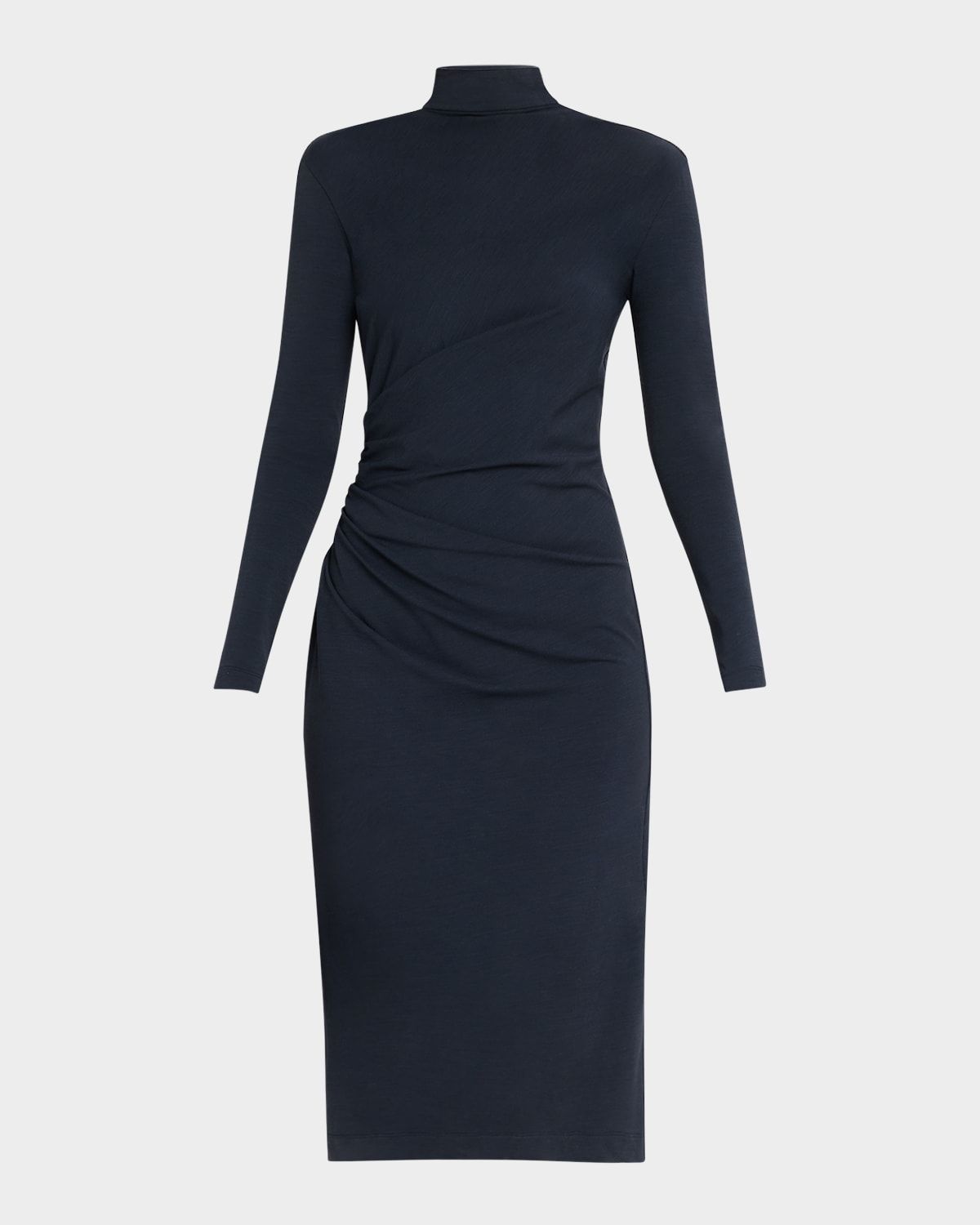Synched-Waist Wool Jersey Long-Sleeve Midi Dress