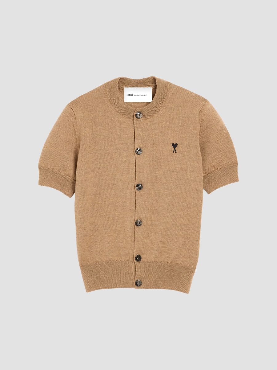 AMI Paris Women's Ami De Coeur Wool Short-Sleeve Cardigan - Camel Black - Size Medium
