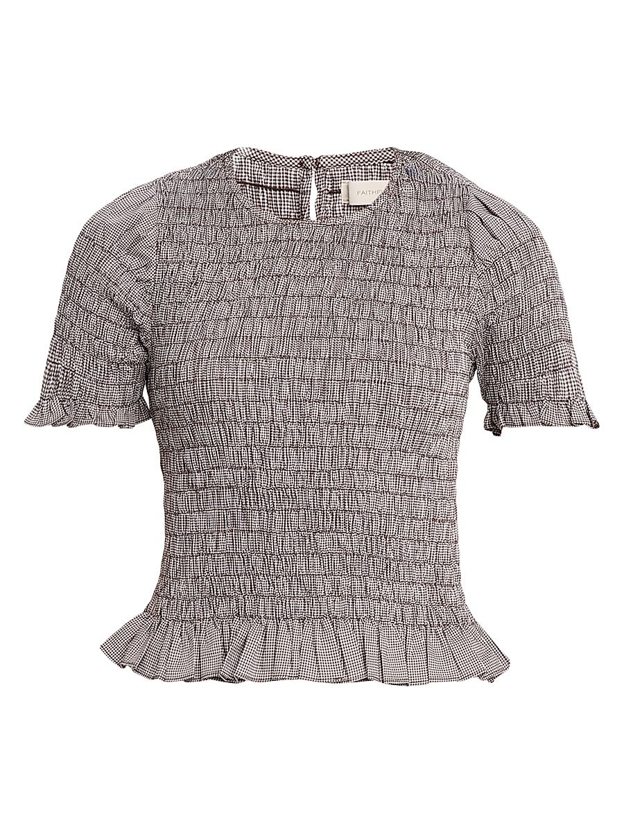 Women's Edda Smocked Cotton Gingham Top - Brown - Size Large