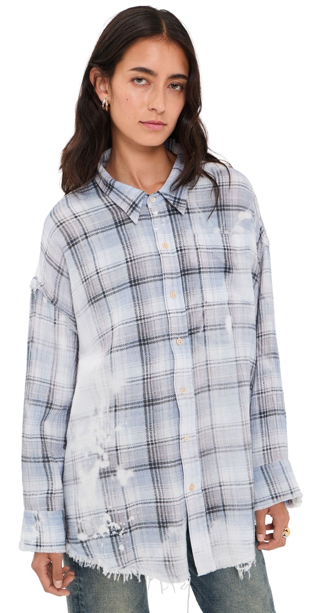 R13 Shredded Seam Button Down Shirt Blue Bleached Plaid L