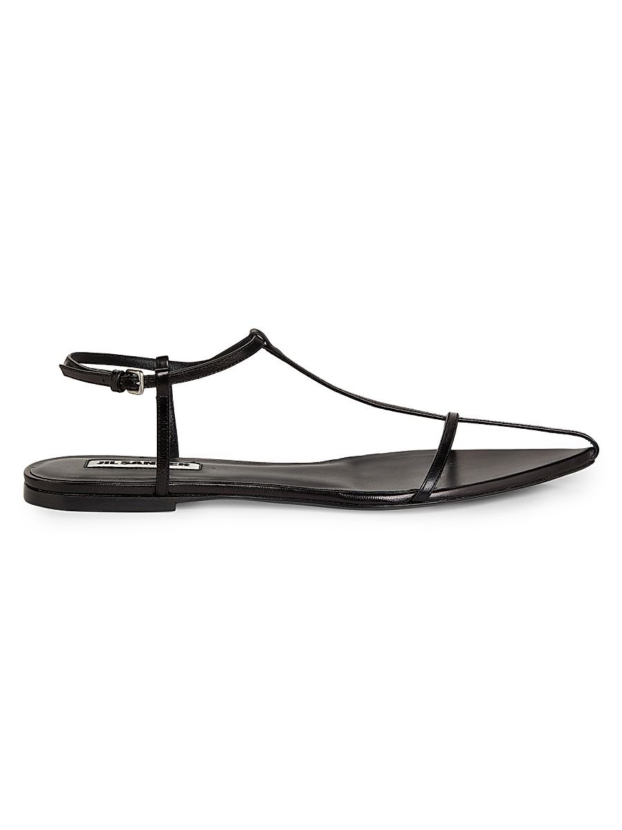 Women's T-Strap Leather Sandals - Black - Size 11