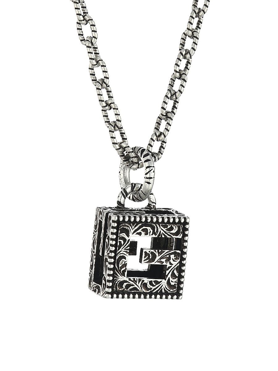 Men's Sterling Silver YB130 G Cube Pendant Necklace - Silver