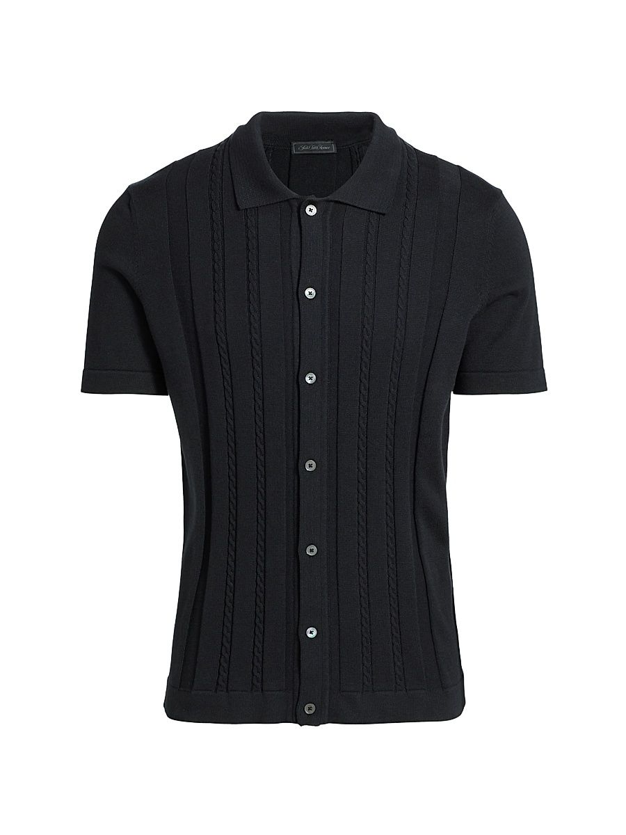 Men's Cable Cotton Polo Shirt - Black - Size Medium