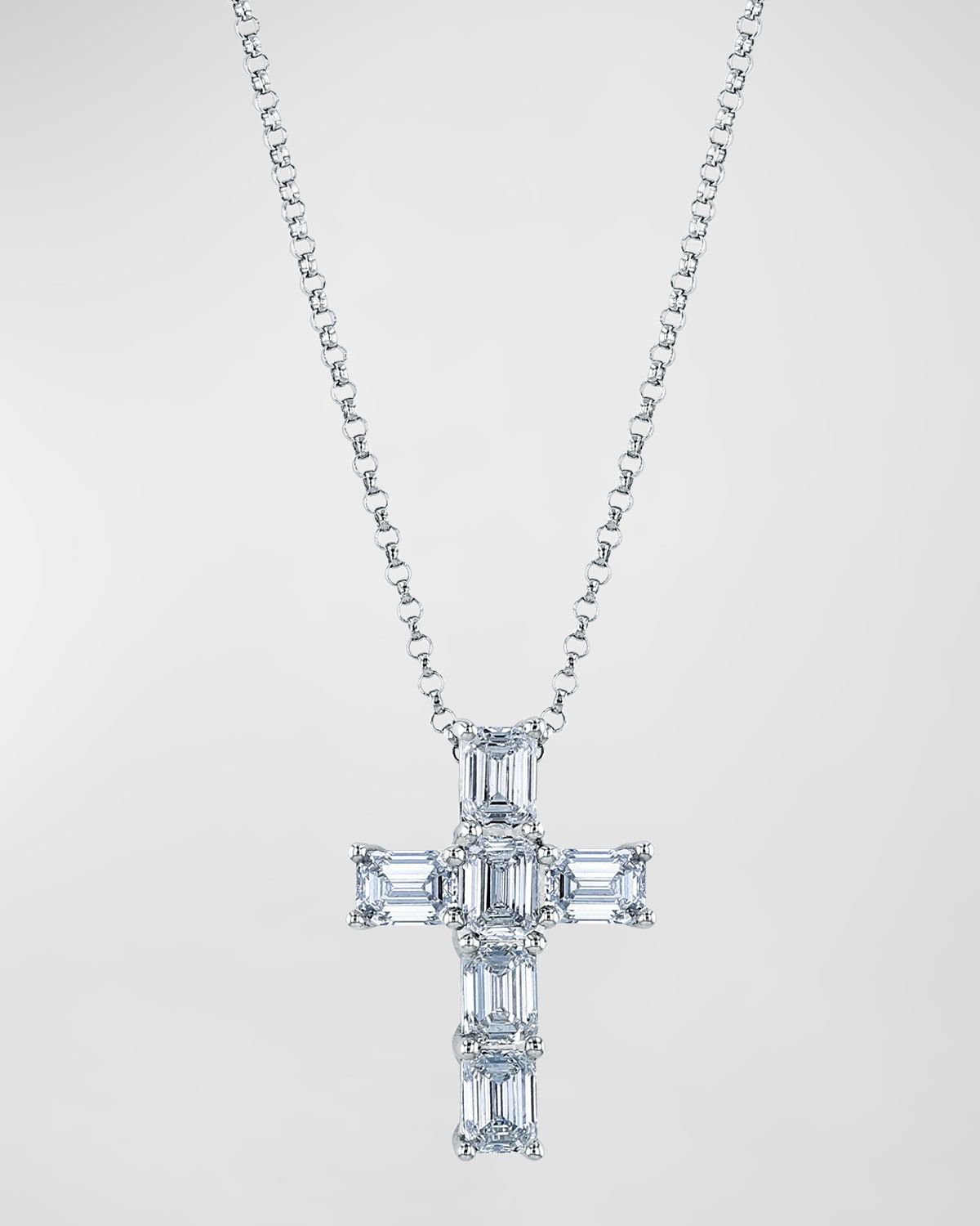 18K Gold 6-Stone Shared Prong Emerald Cut Diamond Cross Necklace, 16"L, 2.00tcw