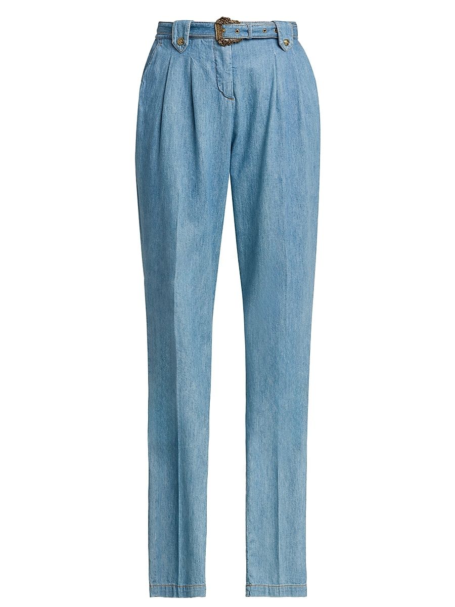 Women's Washed Denim High-Rise Straight-Leg Belted Pants - Indigo - Size 34