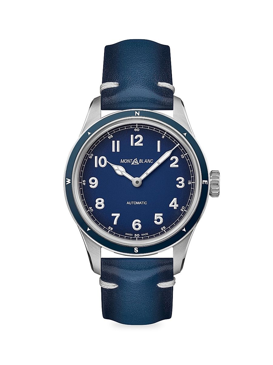Men's 1858 Stainless Steel & Leather Strap Watch - Blue